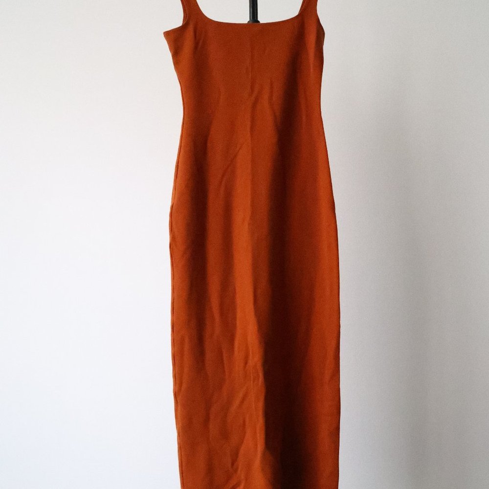 American Apparel Bodycon Square Neck Pumpkin Spice Midi Dress w/ Back Slit - S